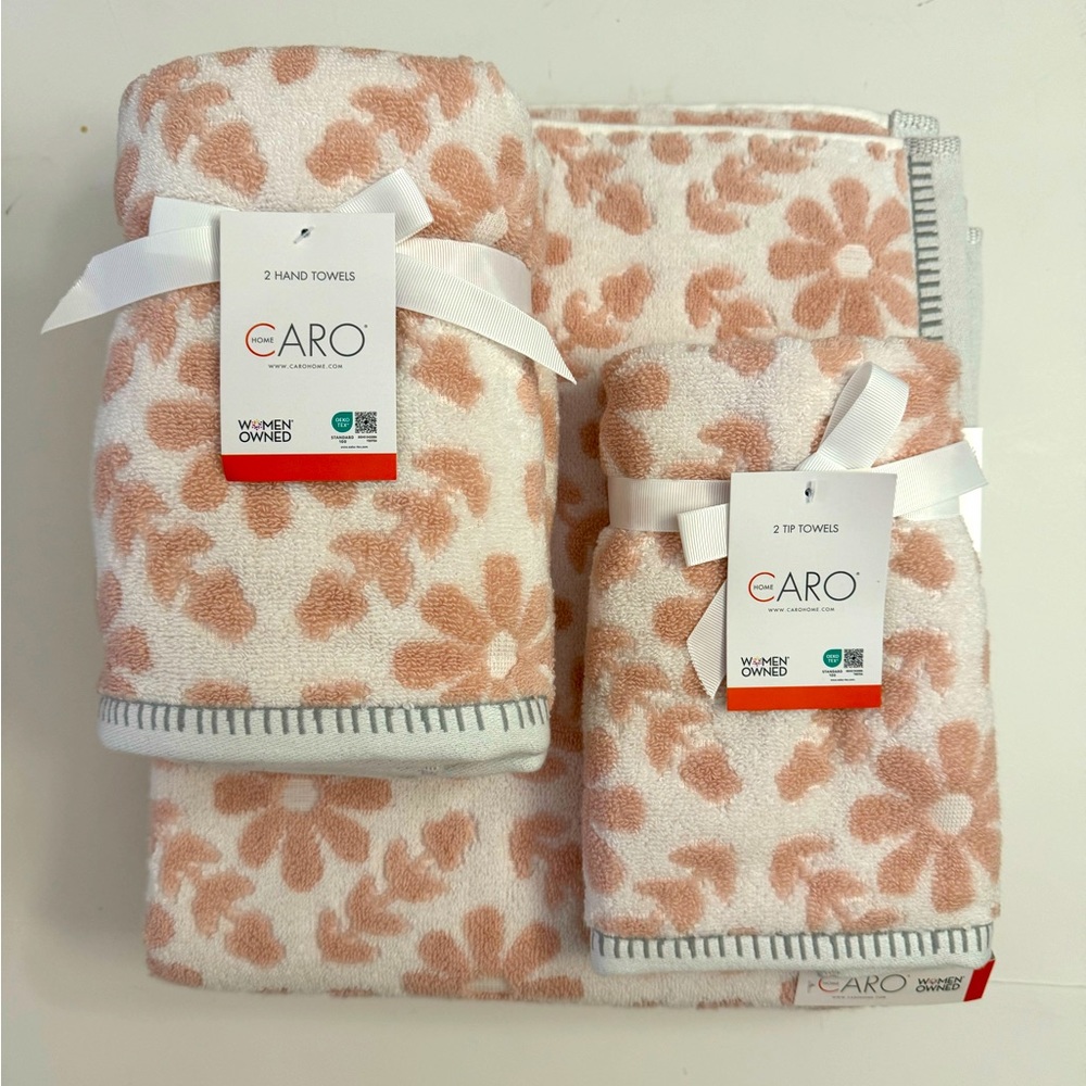 💥6pc CARO HOME 100% Cotton Bath Towel Set  With Flower Print- Pink/white